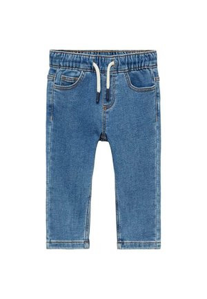 Jeans med elastiskt midjeband, med dragsko, två framfickor, ljusblå färg och sömmar som är sydda längs sömmarna.