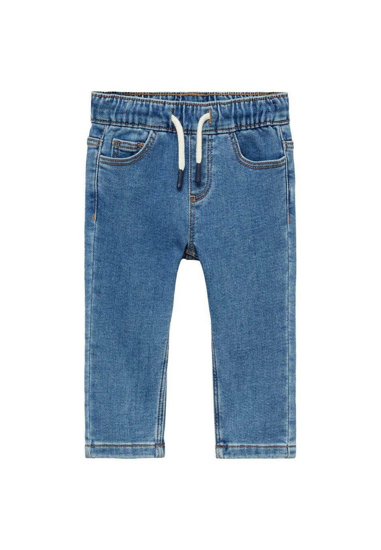 Jeans med elastiskt midjeband, med dragsko, två framfickor, ljusblå färg och sömmar som är sydda längs sömmarna.