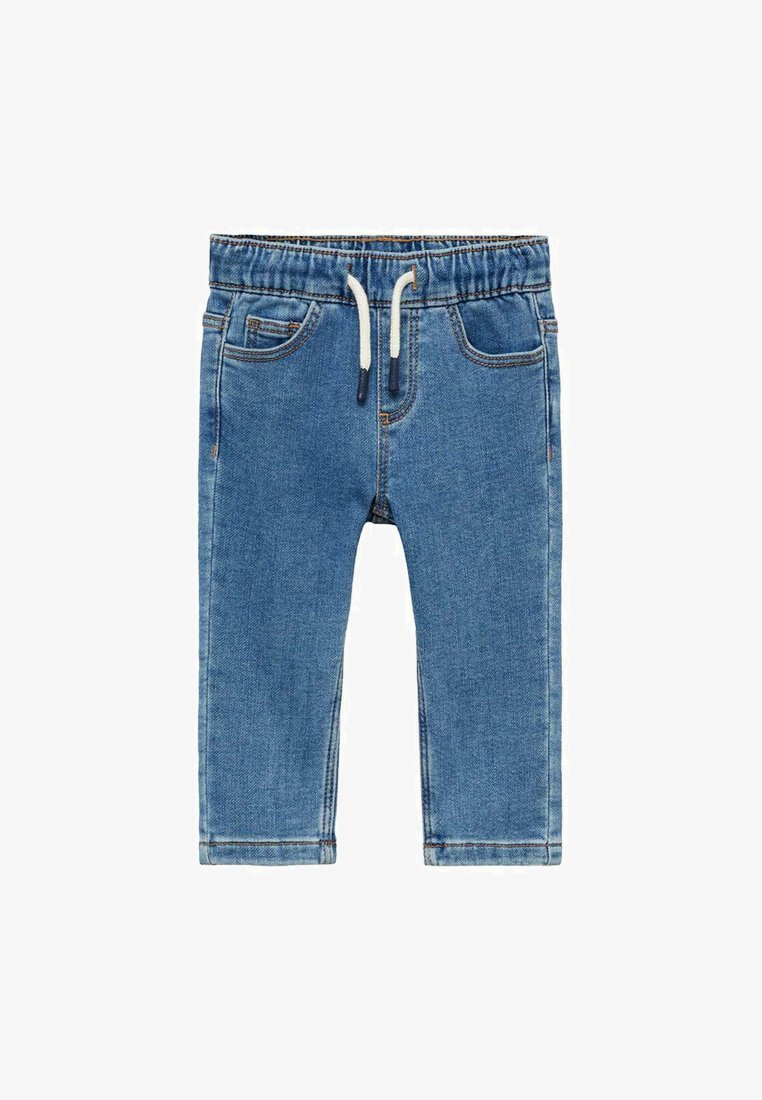 Jeans med elastiskt midjeband, med dragsko, två framfickor, ljusblå färg och sömmar som är sydda längs sömmarna.