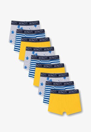 Set of children's boxers in various colors: gray with blue stars, blue stripes, and solid yellow. Each features a navy waistband with "MINOTI."