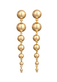 Ohrringe mit goldfarbener Beschichtung, die mehrere kugelförmige Perlen in verschiedenen Größen zeigen, verbunden durch Glieder, mit einer polierten, reflektierenden Oberfläche.