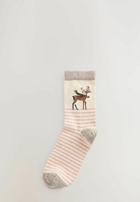 Strikket sok har en cremefarvet krop med pink striber, en grå manchet og et rensdyrdesign. Forstærket tå og hæl i blødt materiale.