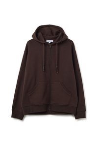Sudadera con cremallera marrón, capucha con cordón, bolsillos frontales y puños acanalados. Fabricada en una tela suave con un corte holgado.