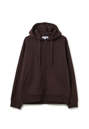 Bruine rits-hoodie met een trekkoordkap, voorzakken en geribbelde manchetten. Gemaakt van zachte stof met een relaxte pasvorm.