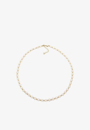 Perlenkette mit weißen Perlen und goldenen Perlen, mit einer Kettenverlängerung für eine einstellbare Länge. Glatte, runde Perlen schaffen ein einheitliches Design.