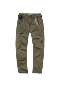 Khaki cargo kalhoty s několika kapsami, kontrastním černým detailem, výšivkou a opotřebovanou strukturou. Navrženo pro odolnost a praktičnost.