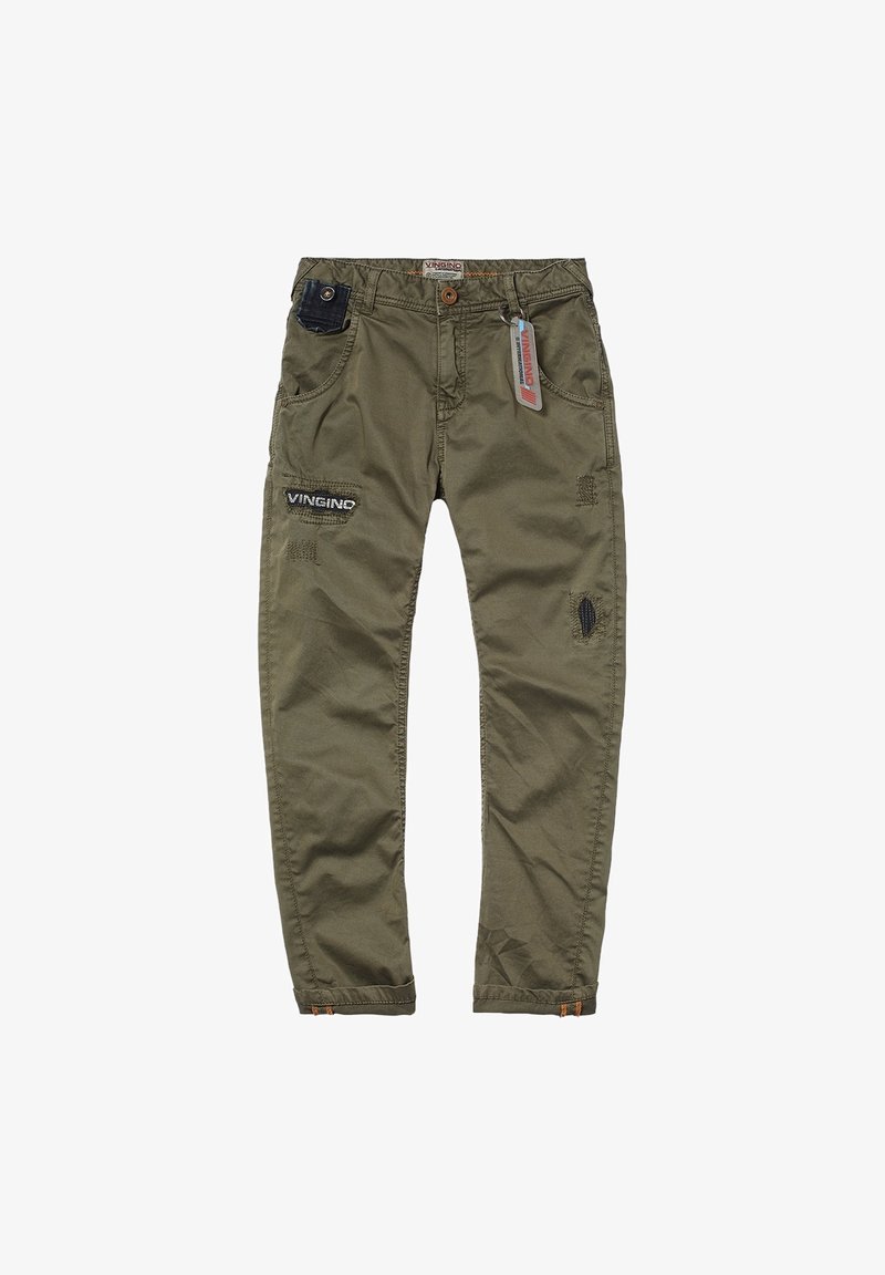 Kaki cargobyxor med flera fickor, kontrasterande svart lappar, broderidetaljer och sliten textur. Designade för hållbarhet och funktionalitet.