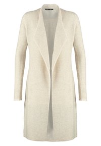 Cardigan long crème tricoté à ouverture frontale avec motif texturé et manches longues, s'étendant jusqu'à mi-cuisse.