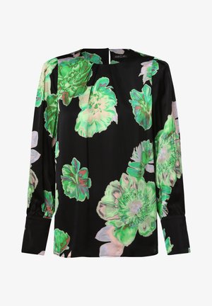 Blouse noire à manches longues avec de grands imprimés floraux verts vifs et roses pâles, dotée d'un col rond et de poignets boutonnés.
