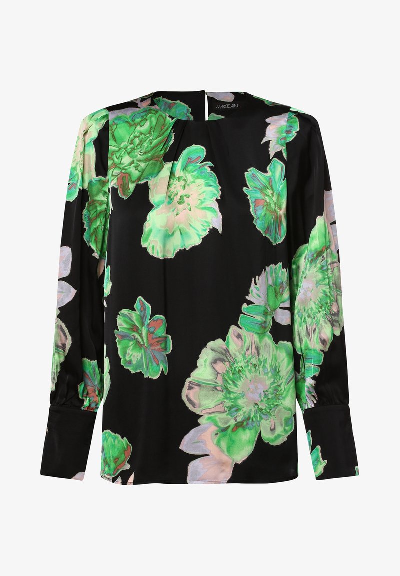 Blouse noire à manches longues avec de grands imprimés floraux verts vifs et roses pâles, dotée d'un col rond et de poignets boutonnés.