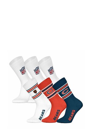 Fire par sokker i en blanding af hvid, orange og marineblå farver. Inkluderer NFL-logo, "Bears" tekst og stribede detaljer. Blandingsmateriale af bomuld.