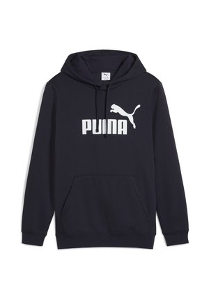 Marineblå hættetrøje lavet af blødt stof med en kengurulomme, der har en hvid "PUMA"-logo og en springende puma-grafik på forsiden.