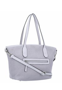 Lichtgrijze gevlochten tote bag met een gladde leren afwerking, dubbele handvaten en een afneembare schouderriem. Voorzien van een voorzak met rits.
