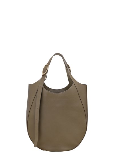 Large taupe leather handbag with rounded base, adjustable shoulder strap, and gold-tone buckle details.
