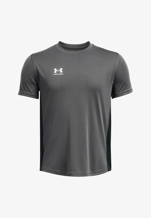 Hallhalli lühikeste varrukatega sportlik särk niiskust tõukasest kangast, millel on U-kujuline kaelus ja mustad võrkmaterjalist külgpaneelid. Näha on Under Armouri logo.