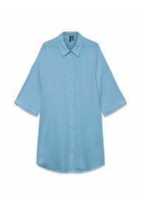 Light blue button-up shirt made of textured fabric, featuring short sleeves, a collar, and a slightly curved hemline.