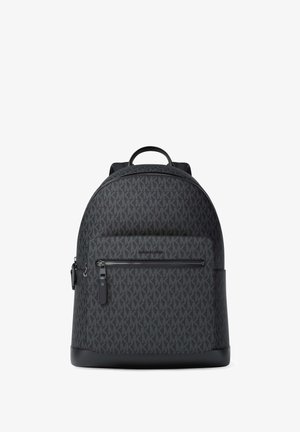 Sac à dos noir Michael Kors avec motif logo MK intégral, poche avant zippée, poignée supérieure et bretelles réglables.
