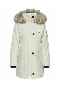 Parka bianca con cappuccio foderato in pelliccia sintetica, chiusura a bottoni e automatici, due tasche frontali e polsini a costine. Tessuto esterno liscio, vita leggermente elasticizzata.