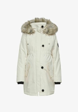 Parka bianca con cappuccio foderato in pelliccia sintetica, chiusura a bottoni e automatici, due tasche frontali e polsini a costine. Tessuto esterno liscio, vita leggermente elasticizzata.