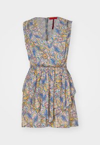 Bloemenprint jurk met een V-hals, mouwloos ontwerp, geplooide taille en gerimpelde zoom. De kleuren zijn blauw, roze, geel en groen.