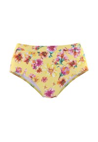 Augstas vidukļa bikini apakšdaļas dzeltenā audumā, ar krāsainiem ziedu rakstiem rozā, oranžā un zaļā krāsā. Gluda tekstūra, neredzama aparatūra.