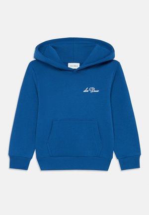 Blue hooded sweatshirt made of cotton blend fabric, featuring a front pocket, ribbed cuffs, and "Les Deux" logo in white embroidery.