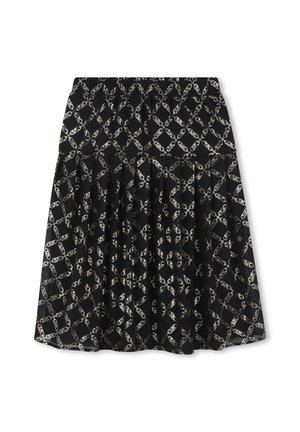 Black skirt with gold geometric pattern, elastic waistband, and pleated design. Fabric appears lightweight with a smooth texture.