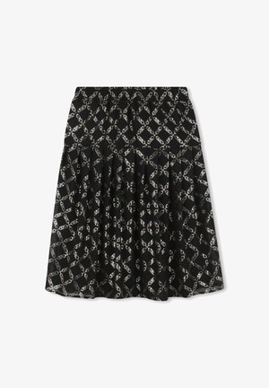 Jupe noire avec motif géométrique doré, taille élastique et design plissé. Le tissu semble léger avec une texture lisse.