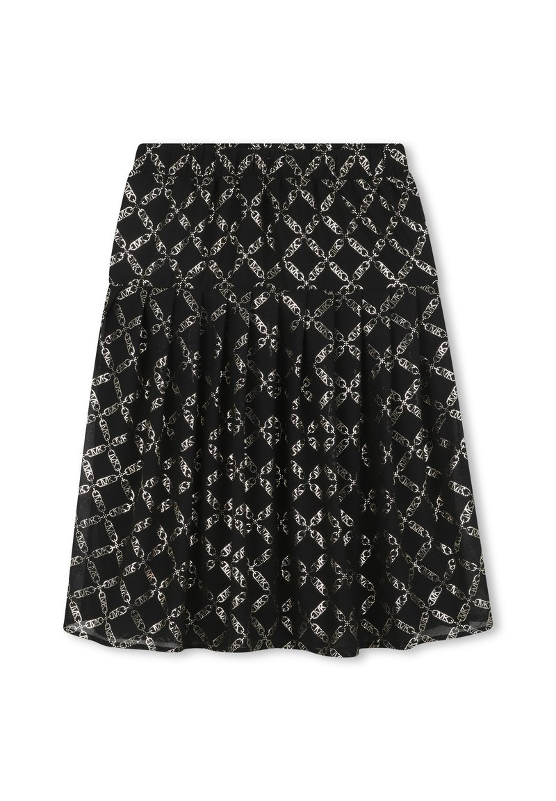 Zwarte rok met gouden geometrisch patroon, elastische tailleband en geplooid ontwerp. Stof lijkt lichtgewicht met een soepele textuur.