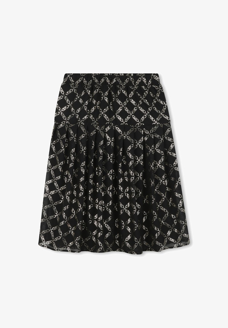 Zwarte rok met gouden geometrisch patroon, elastische tailleband en geplooid ontwerp. Stof lijkt lichtgewicht met een soepele textuur.