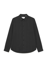 Schwarzes Langarmshirt aus strukturiertem Stoff, mit klassischem Kragen, vorderer Knopfleiste und geschwungenem Saum.