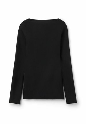 Top nero a maniche lunghe con scollatura ampia e diritta, texture liscia e spacchi laterali all'orlo per un movimento aggiuntivo.