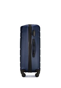 Valigia rigida blu navy con superficie testurizzata, cerniera nera singola, maniglia laterale e quattro ruote nere per la mobilità.