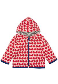 Giacca con cappuccio rossa e bianca caratterizzata da un motivo a uccelli ripetuto, con un interno grigio a righe e bordini blu lungo la zip e i polsini.
