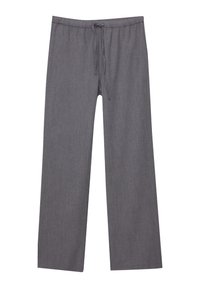 Pantalon gris ample avec taille élastique et cordon de serrage, en tissu léger, adapté pour une tenue décontractée.