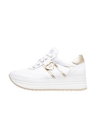 Białe sneakersy z złotymi akcentami, z gładką syntetyczną cholewką, okrągłym czubkiem, wiązanym zapięciem oraz warstwową podeszwą zwiększającą wysokość.