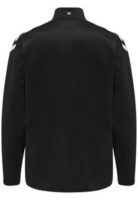 Zwarte, lange mouwjas met een hoge kraag, voorzien van witte chevronstrepen op de schouders en een gladde textuur. Geen voorzijde details zichtbaar.