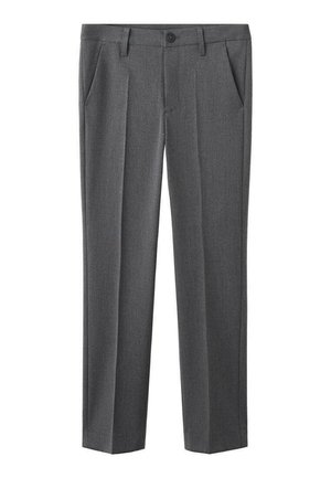 Pantalones grises hechos de tela texturizada, con cierre de botón, dos bolsillos frontales y diseño de pierna recta con pliegues.