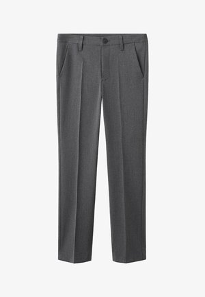 Pantalones grises hechos de tela texturizada, con cierre de botón, dos bolsillos frontales y diseño de pierna recta con pliegues.