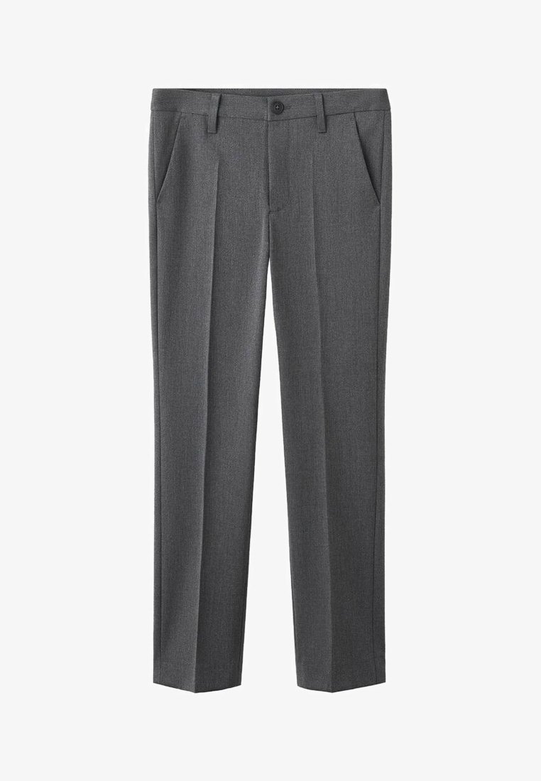 Pantalon gris en tissu texturé, avec fermeture à boutons, deux poches avant et coupe droite avec plis.