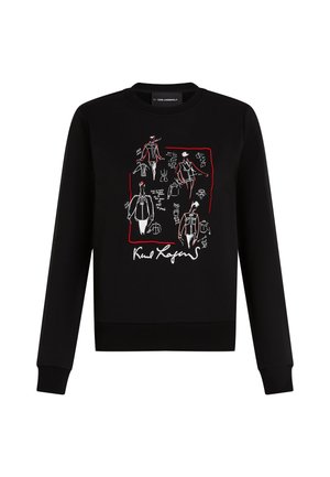 Svart sweatshirt med rund hals som pryds av vita och röda modeskisser och text. Mjuk tyg, avslappnad passform, ribbade muddar och nederkant.