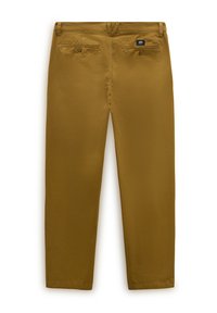 Pantaloni dritti da uomo marroni con passanti per cintura, due tasche posteriori con bottone e una piccola etichetta logo Vans sulla tasca destra.