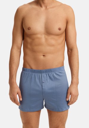 Boxers en coton bleu clair avec une taille élastique, fermeture à bouton sur le devant et une texture lisse. Aucune motif ou accent supplémentaire visible.