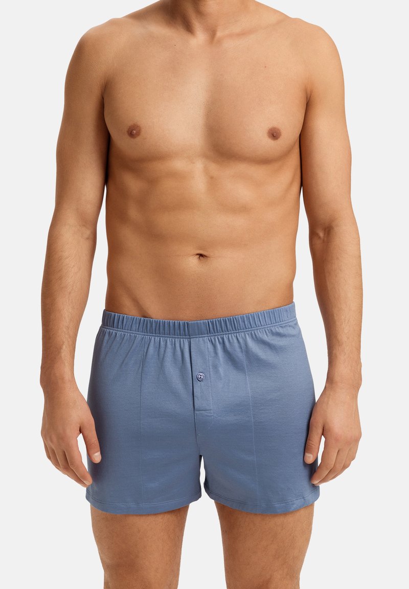 Ljusblå bomullsboxershorts med elastisk midja, frontknäppning och en slät textur. Inga mönster eller ytterligare accentueringsdetaljer synliga.