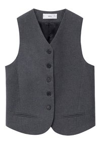 Szara kamizelka wykonana z teksturowanej tkaniny, z głębokim dekoltem w serek, pięcioma czarnymi guzikami oraz dwoma przednimi kieszeniami o dopasowanym kroju.