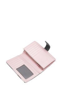 Pink leather wallet featuring multiple card slots, a clear ID window, and a zippered compartment. Smooth texture with black accents.
