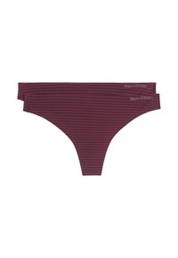 Burgundy striped bikini bottom with a low-rise design, made from smooth fabric, featuring a minimalist style and the brand name on the waistband.