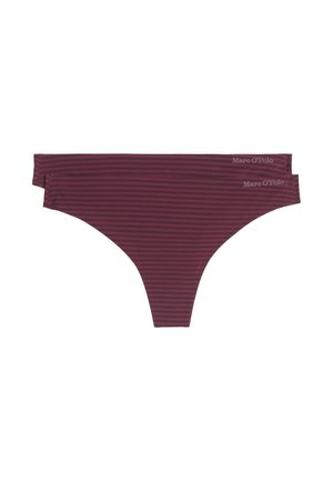 Bordeaux gestreepte bikini onderkant met een lage taille, gemaakt van gladde stof, met een minimalistische stijl en de merknaam op de tailleband.