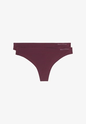 Burgundy striped bikini bottom with a low-rise design, made from smooth fabric, featuring a minimalist style and the brand name on the waistband.