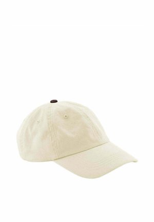 Beige Baumwoll-Baseballkappe mit gebogenem Schirm und eingenähten Belüftungsösen, dargestellt vor weißem Hintergrund.